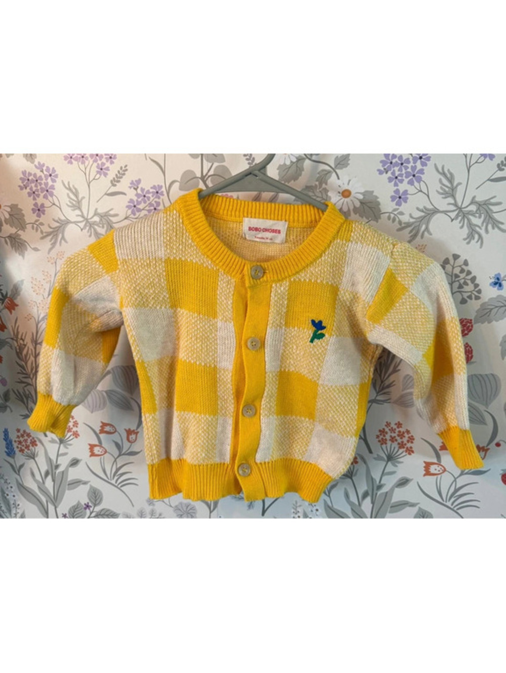 Bobo Choses Baby Yellow Check Knit Cardigan 9M 74cm Made in Spain